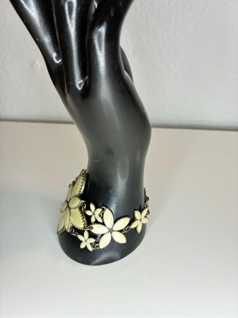 Cream Gold Metallic Enamel Floral Statement Bracelet Lightweight Boho Casual